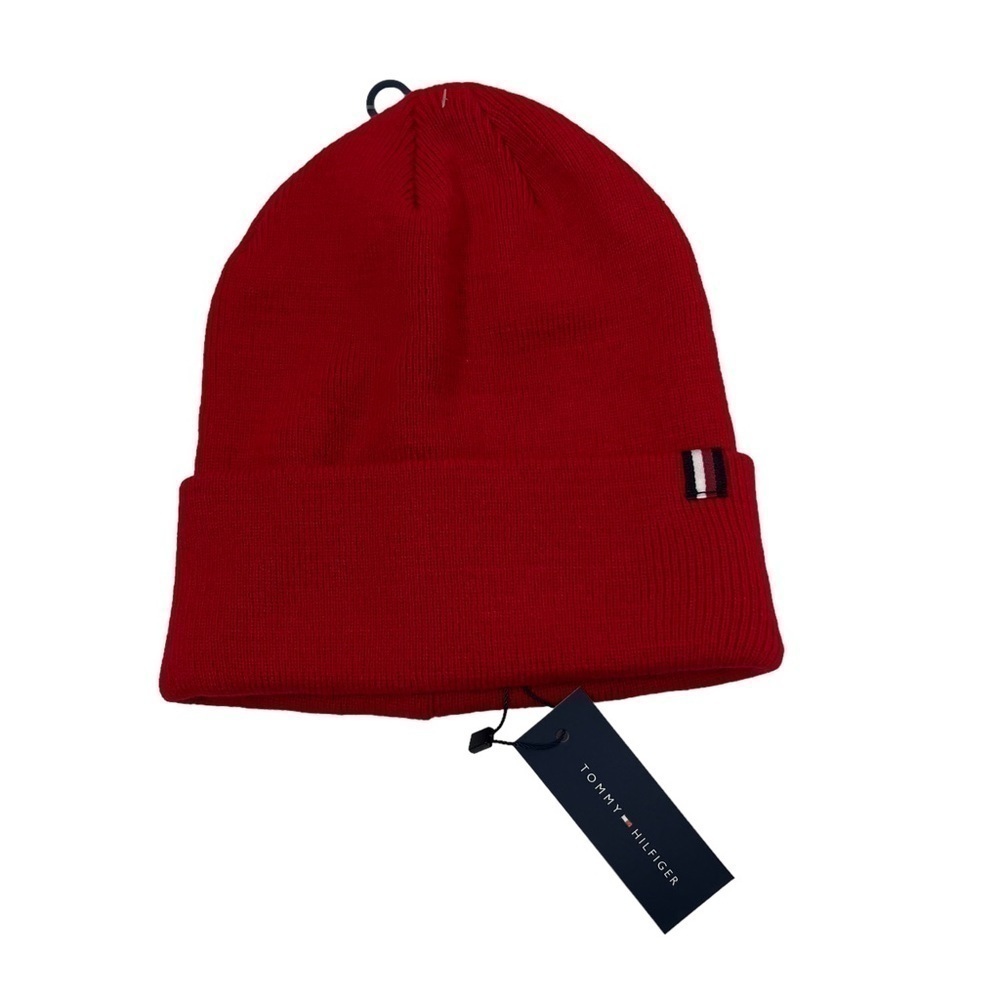 NWT Tommy Hilfiger Women’s Beanie Hat One Size Color Red Logo Stretch MSRP $48